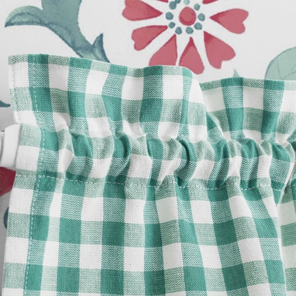 πΊ New Pioneer Woman Teal Blue Gingham 3 pc Kitchen Curtains And Valance Set - Picture 9 of 10